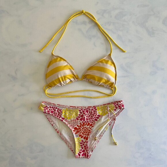 H&M Yellow Stripe Triangle Floral Bottom Bikini Size M - Picture 1 of 6